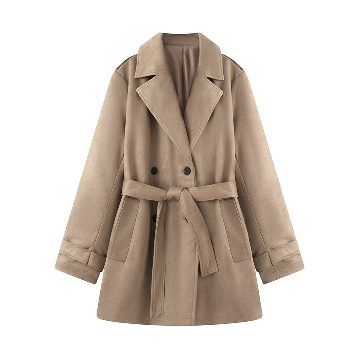 Damen Taillierter Wildlederoptik-Trenchcoat mit Bindegürtel und doppelreihiger Knopfleiste Echo Archiv