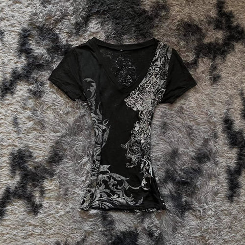 Damen Elegantes V-Ausschnitt T-Shirt mit kunstvollem Design Echo Archiv