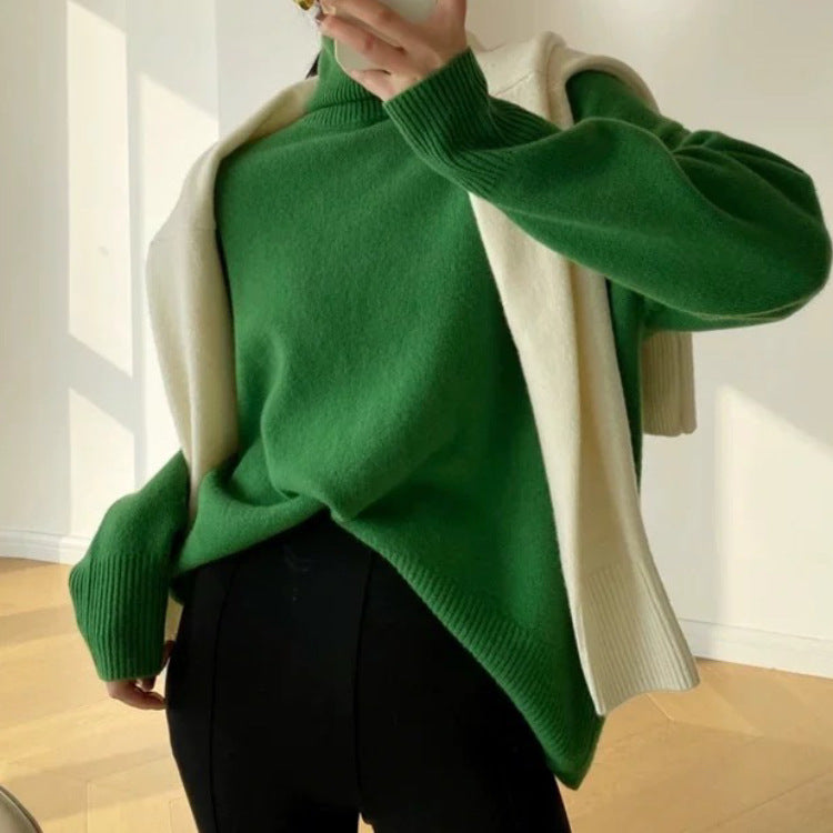 Damen Oversize Feinstrickpullover mit hohem Rollkragen und Seitenschlitzen – Mavelle