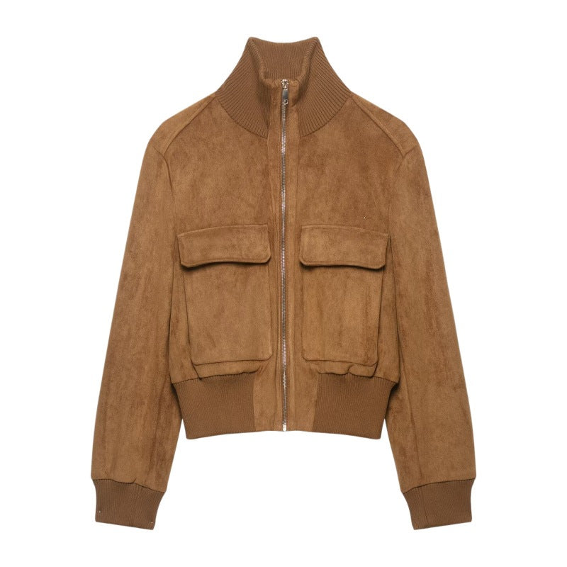 Damen Kurze Wildlederoptik-Bomberjacke mit Stehkragen, Klappentaschen und Rippbündchen Echo Archiv
