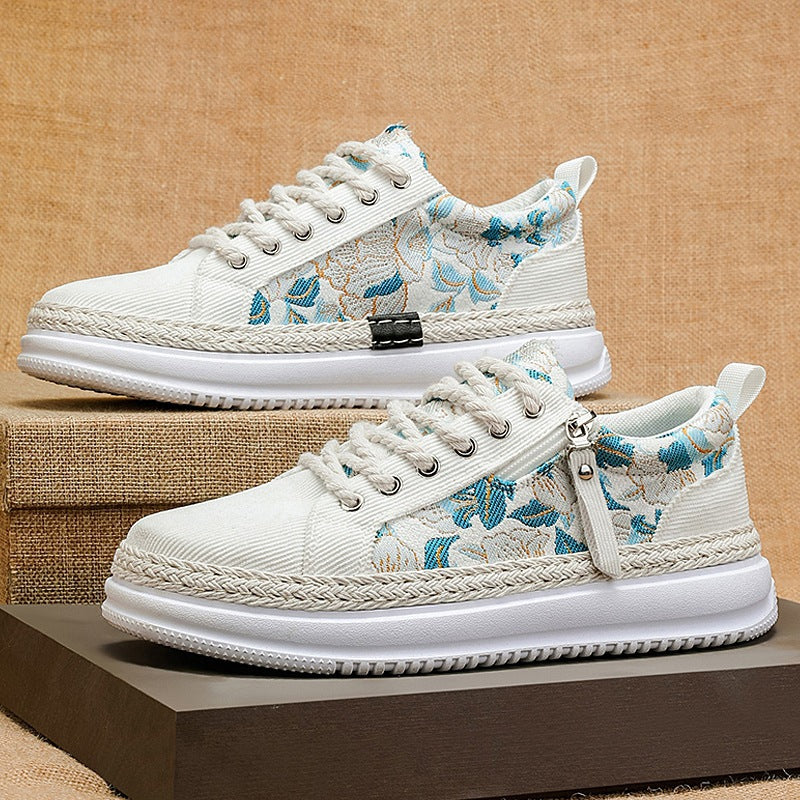 Damen gestickte Espadrille-Plateau-Sneaker mit floralem Jacquard, geflochtener Kordelsohle und gepolstertem Innenfutter Echo Archiv
