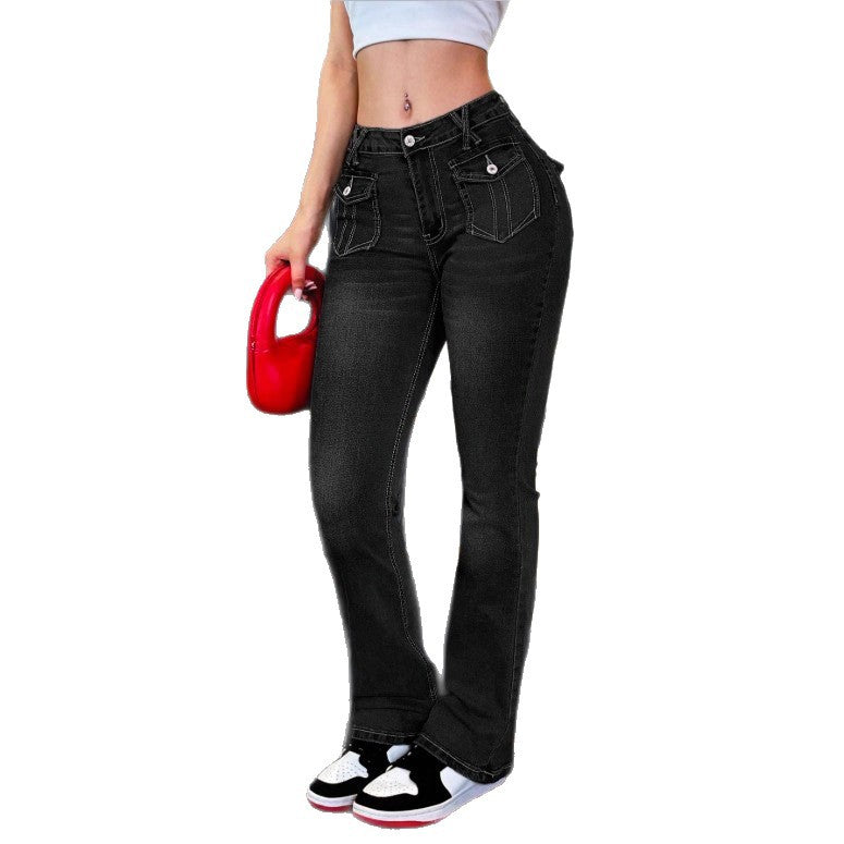 Damen Hochtaillierte Stretch-Jeans mit leichtem Flare und dekorativen Taschen Echo Archiv