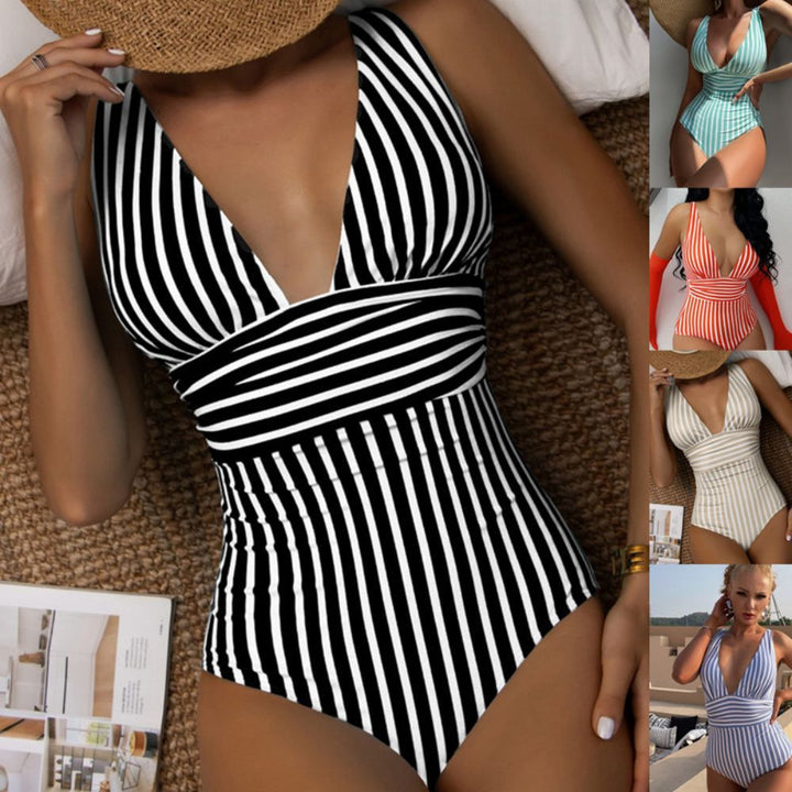 Damen Eleganter V-Ausschnitt Einteiler mit gestreiftem Design Echo Archiv