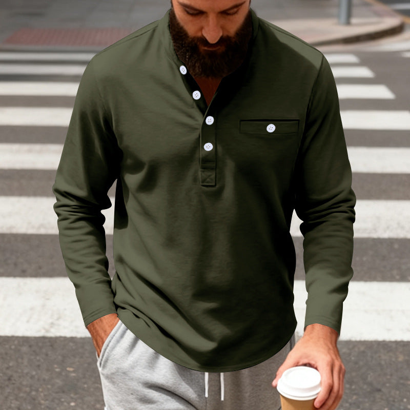 Herren nan langärmeliges Henley-Shirt mit Stehkragen, Brusttasche und dekorativer Knopfleiste Echo Archiv