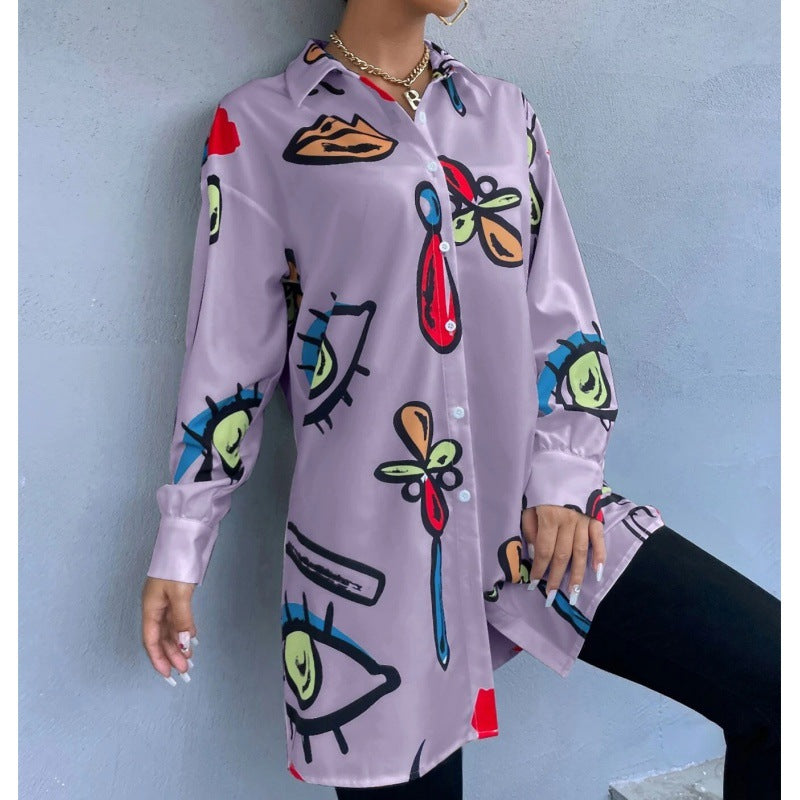 Damen Oversized Longbluse mit Pop‑Art‑Print, Hemdkragen und durchgehender Knopfleiste Echo Archiv