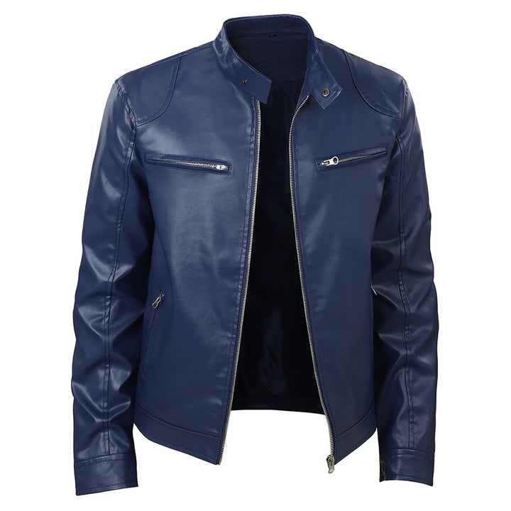 Herren modische Kunstlederjacke mit elegantem Stehkragen und funktionalen Reißverschlusstaschen Echoarchiv
