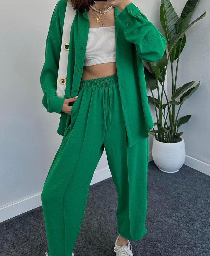 Damen Lässiges zweiteiliges Lounge-Set aus Crêpe mit Oversize-Hemd und hohem Elastikbund Echoarchiv