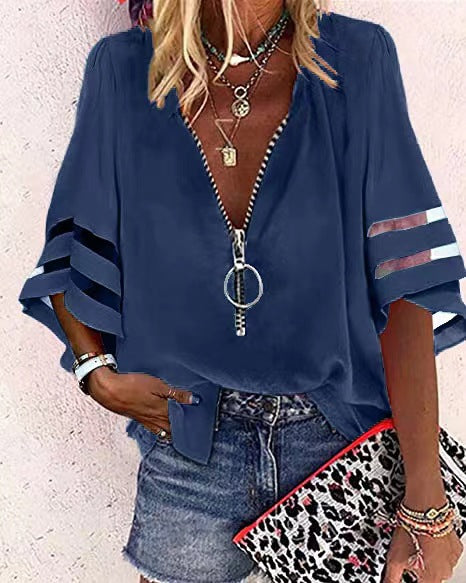 Damen V‑Ausschnitt Bluse mit dekorativem Ringreißverschluss und Cut-Out-Ärmeln Echo Archiv