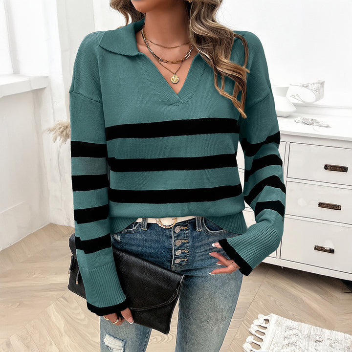Damen lässiger V‑Ausschnitt Strickpullover mit Polokragen, gerippten Ärmelsäumen und markanten Blockstreifen – Mavelle