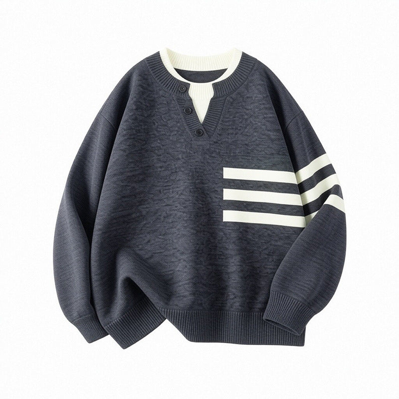 Damen Sportlicher Oversize Pullover mit Knopfleiste und Streifen Echo Archiv