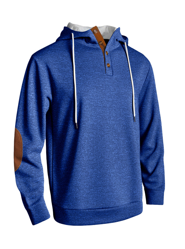 Herren nan Kapuzenpullover im puristischen Freizeitstil mit Henley-Knopfleiste, kontrastierter Kapuzeninnenseite und Ellenbogenaufnähern Echo Archiv