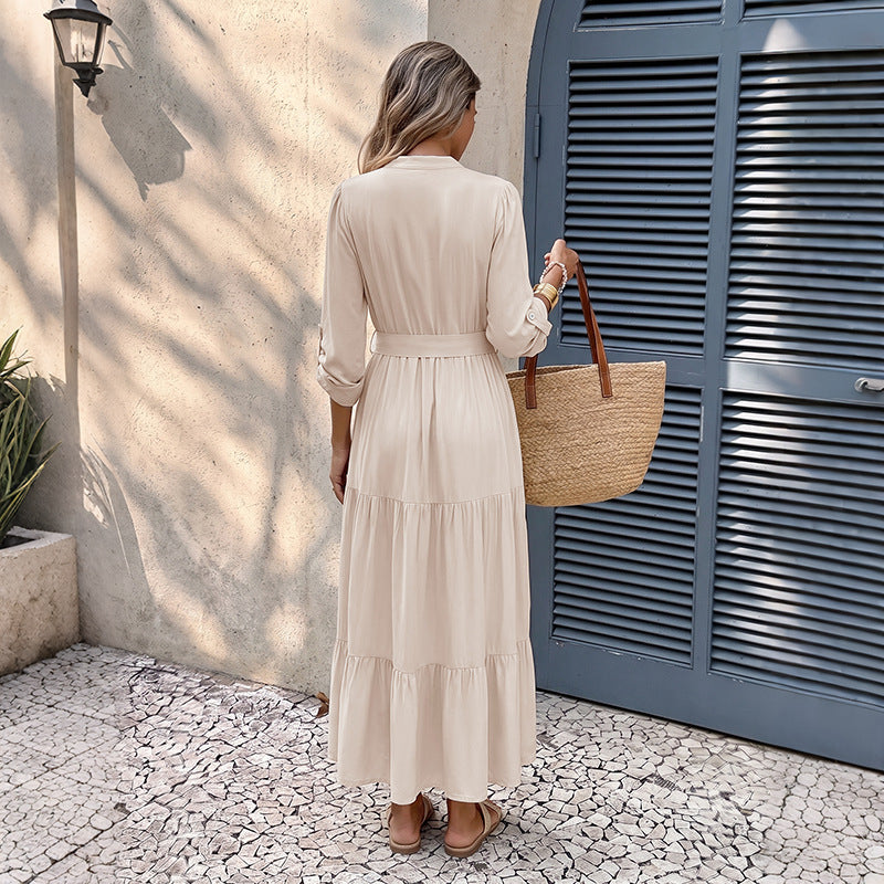 Damen Luftiges Viskose-Stufenmidikleid mit V-Ausschnitt, Bindegürtel und Manschettenärmeln – Élara
