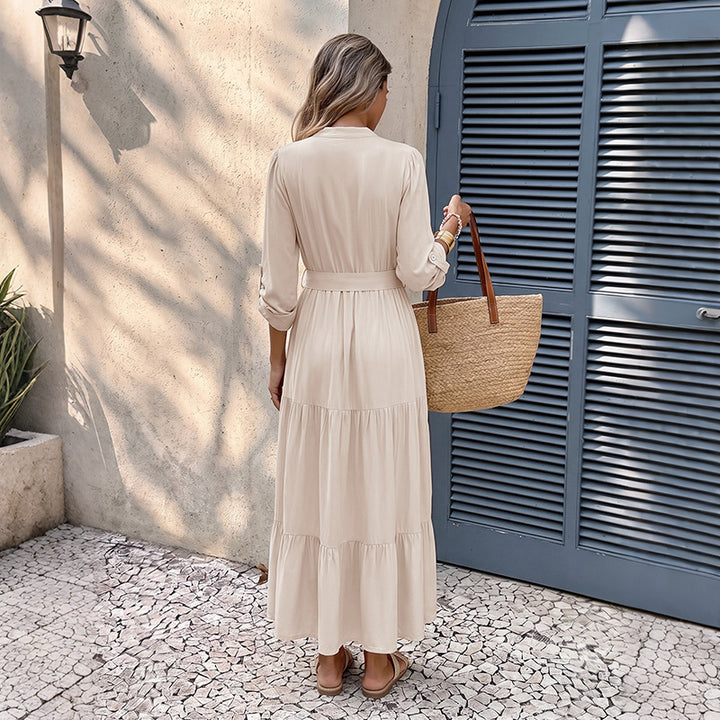 Damen Luftiges Viskose-Stufenmidikleid mit V-Ausschnitt, Bindegürtel und Manschettenärmeln – Élara