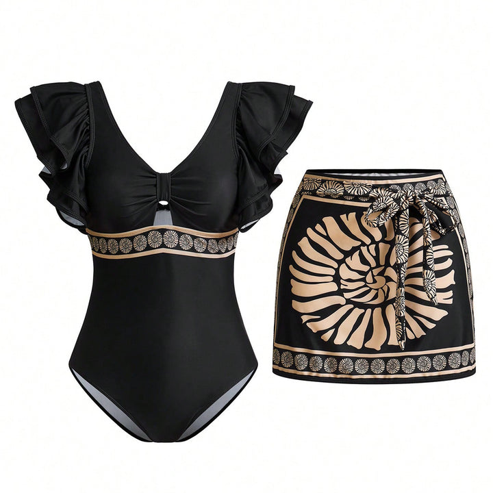 Damen Badeanzug mit eleganten Rüschendetails und passendem Saumrock Echo Archiv