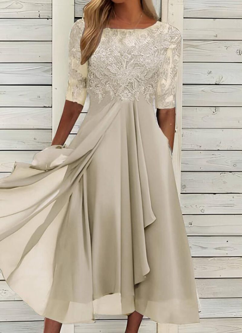 Damen elegantes Chiffon-Spitzenkleid mit Vokuhila-Überwurf und dreiviertelärmeln – Élara
