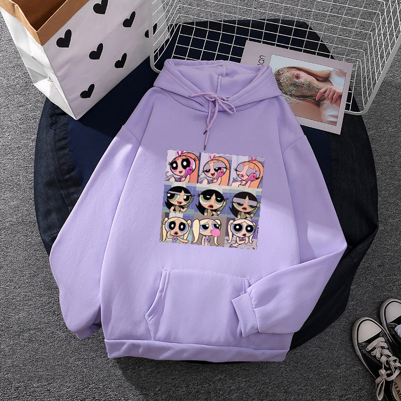 Damen lässiger Kapuzenpullover mit quadratischem Cartoon-Collageprint weiches Fleece Innenfutter und aufgesetzter Kängurutasche – Auréline