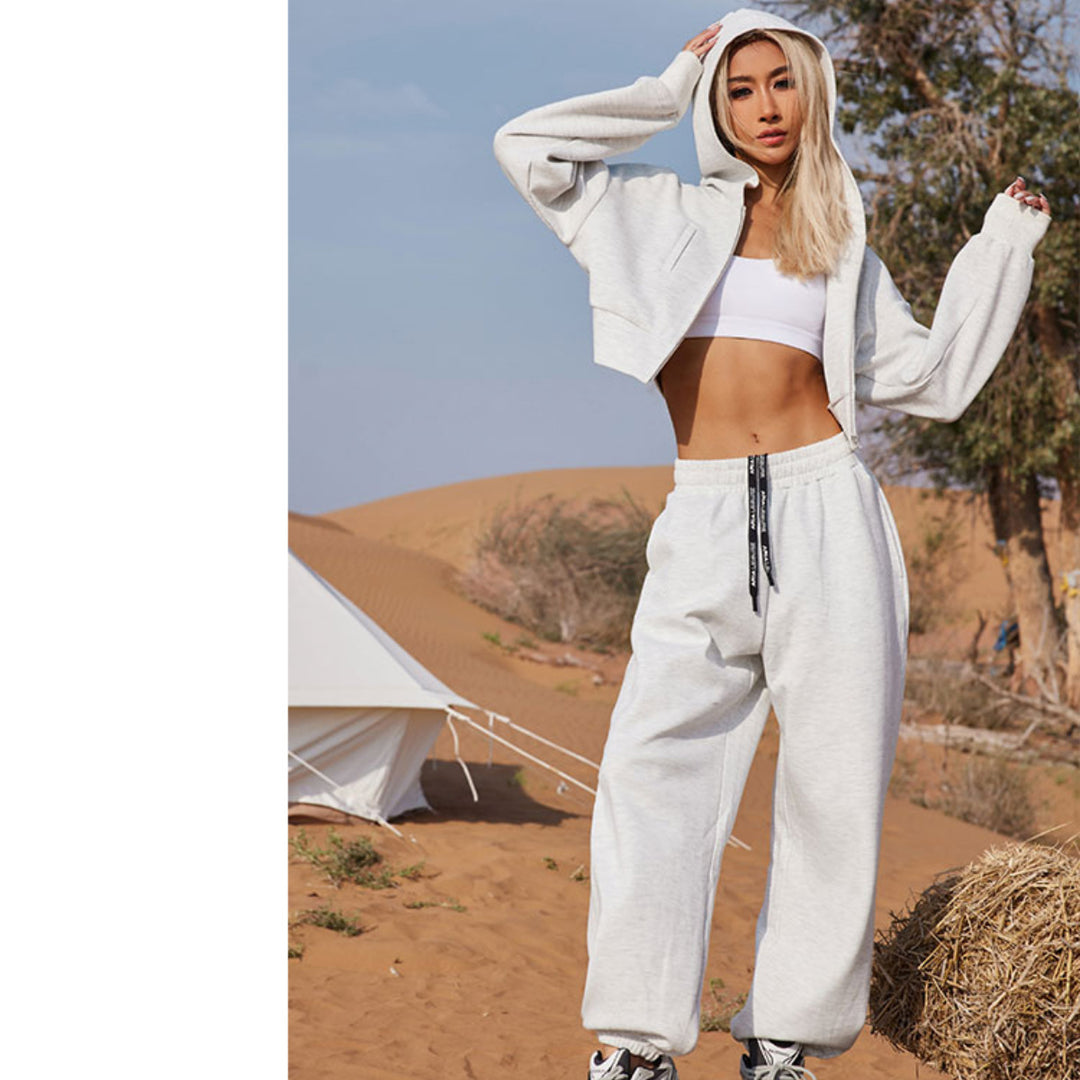 Damen Zweiteiliges Cropped Reißverschluss-Hoodie mit elastischer High-Waist Jogginghose – Auréline