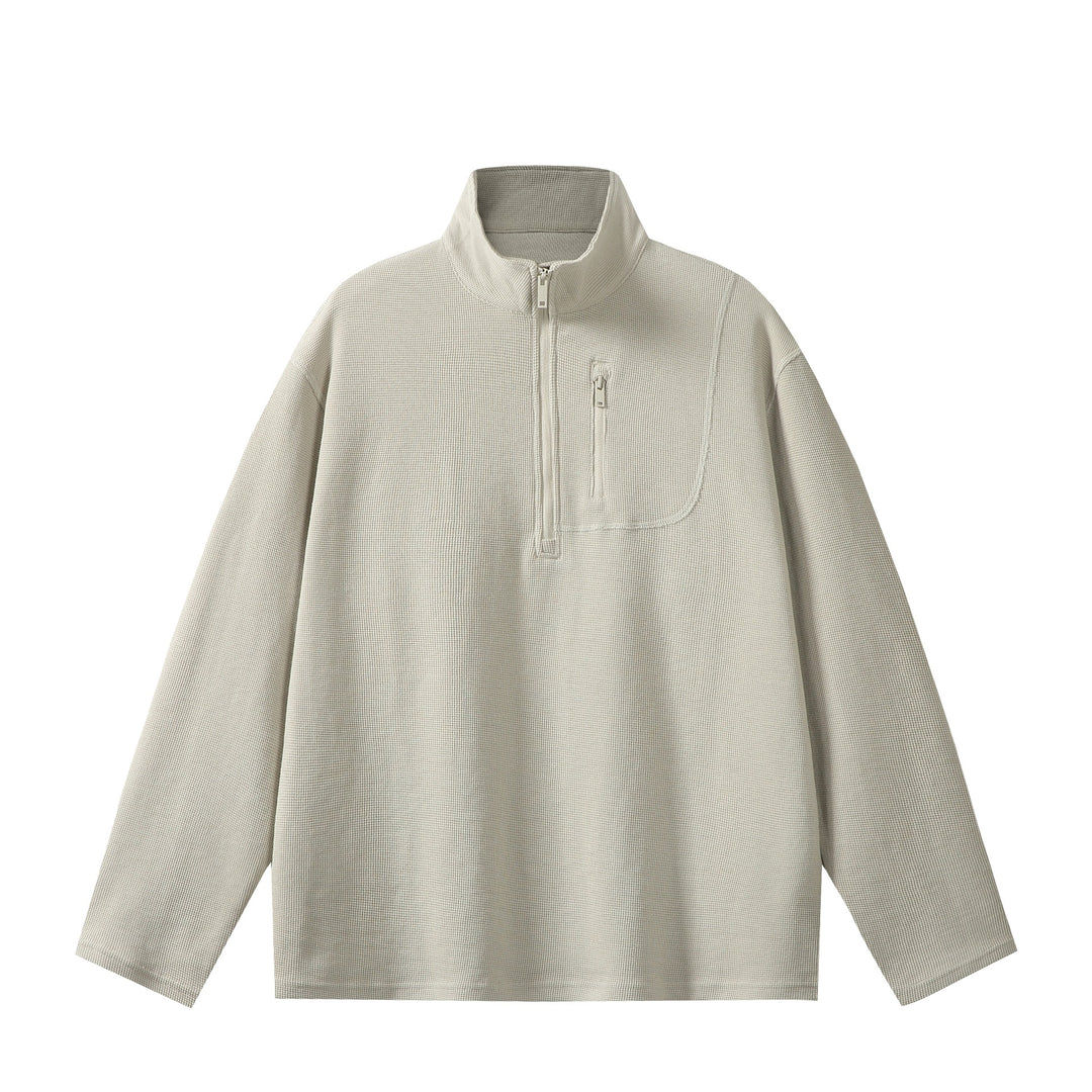 Unisex Leichter Waffelstrick-Halbzip-Pullover mit Stehkragen und Brustzippertasche Echoarchiv