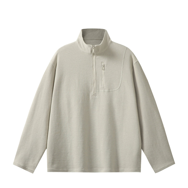 Unisex Leichter Waffelstrick-Halbzip-Pullover mit Stehkragen und Brustzippertasche Echoarchiv