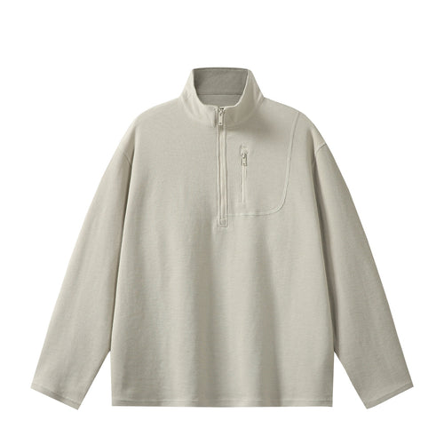 Unisex Leichter Waffelstrick-Halbzip-Pullover mit Stehkragen und Brustzippertasche Echoarchiv