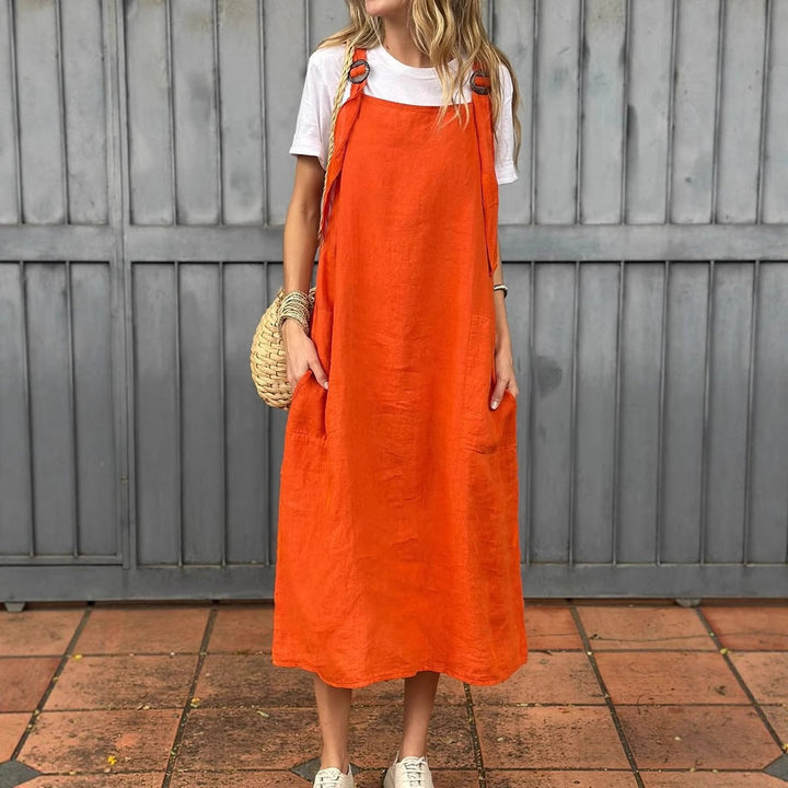 Damen Lässiges Leinen-Latzkleid mit praktischen Seitentaschen und verstellbaren Trägern Echoarchiv