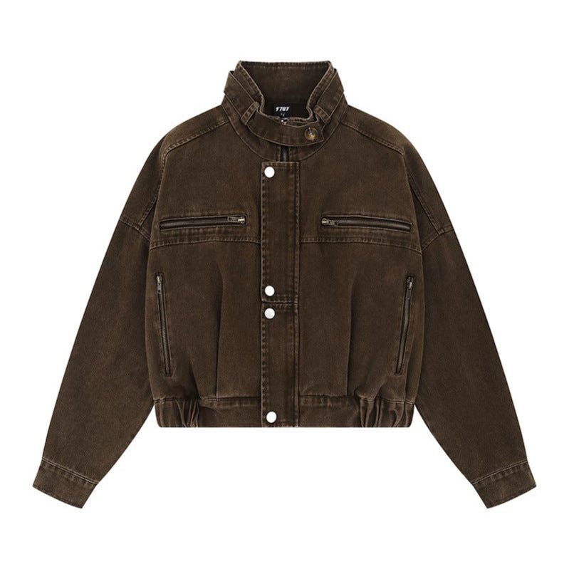 Damen Cropped Utility-Bomberjacke mit Stehkragen, Reißverschlusstaschen und Elastbund Echoarchiv
