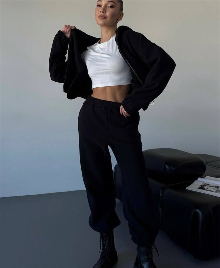 Damen kuscheliges Fleece-Hoodie und Jogginghose Lounge-Set mit Reißverschluss Kapuze elastischem Bund – Auréline