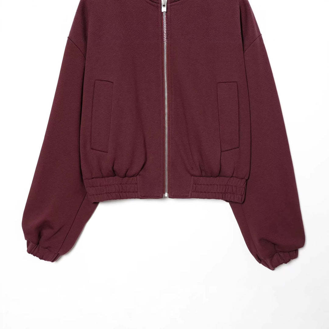 Damen Cropped Sweat-Bomberjacke mit hohem Stehkragen und elastischem Taillenbund Echoarchiv