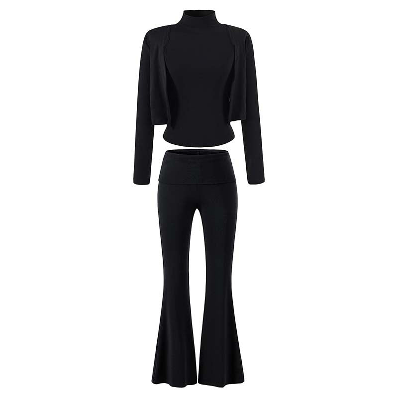 Damen Loungewear-Set mit Bolero, Rollkragen-Croptop und ausgestellter Schlaghose Echoarchiv