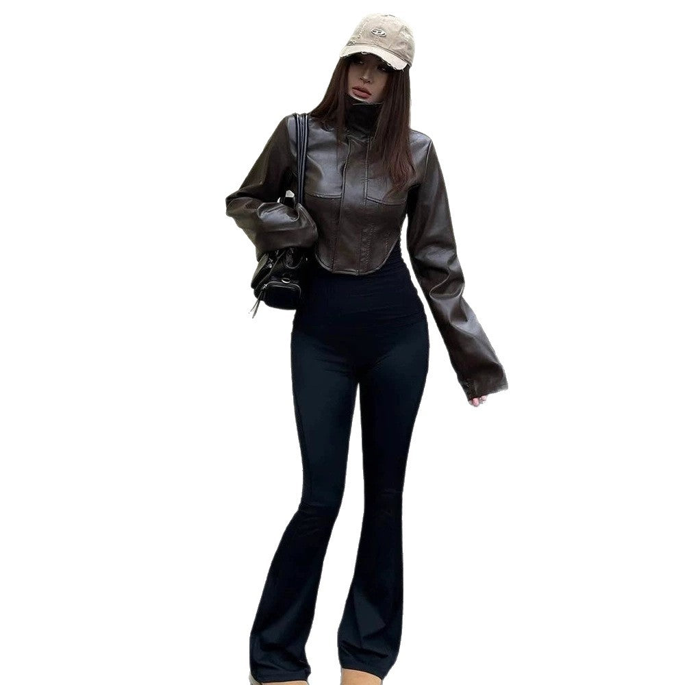 Damen Cropped Kunstleder‑Corsagenjacke mit hohem Stehkragen und verlängerten Ärmeln Echoarchiv