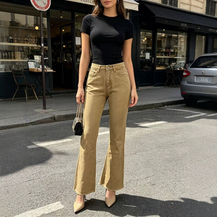Damen nan hochgeschnittene Flared-Jeans mit taillierendem Bund, leichtem Stretch und rohem Saum Echo Archiv