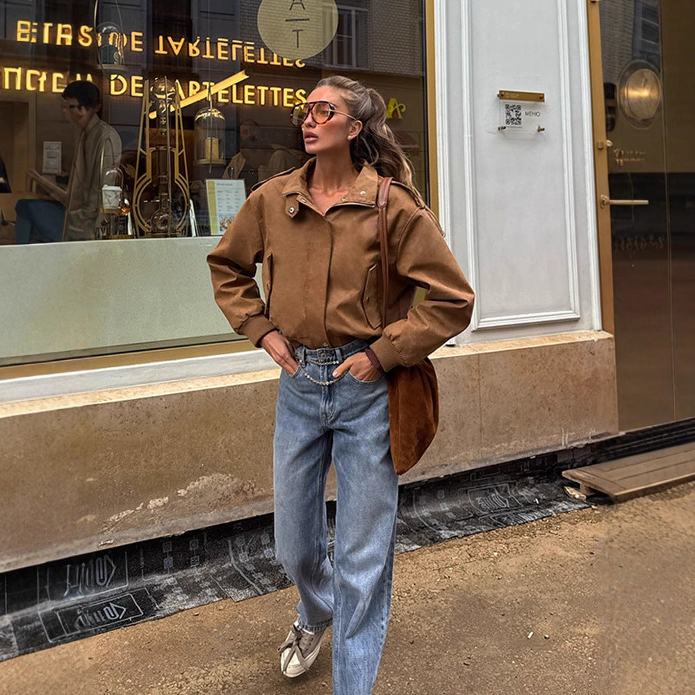 Damen Kurz geschnittene Bomberjacke aus Velourslederoptik mit Rippbündchen Echoarchiv