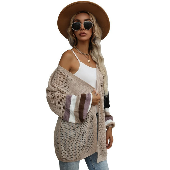 Damen Longline-Netzstrick-Cardigan mit Ballonärmeln und Blockstreifen – Veloura
