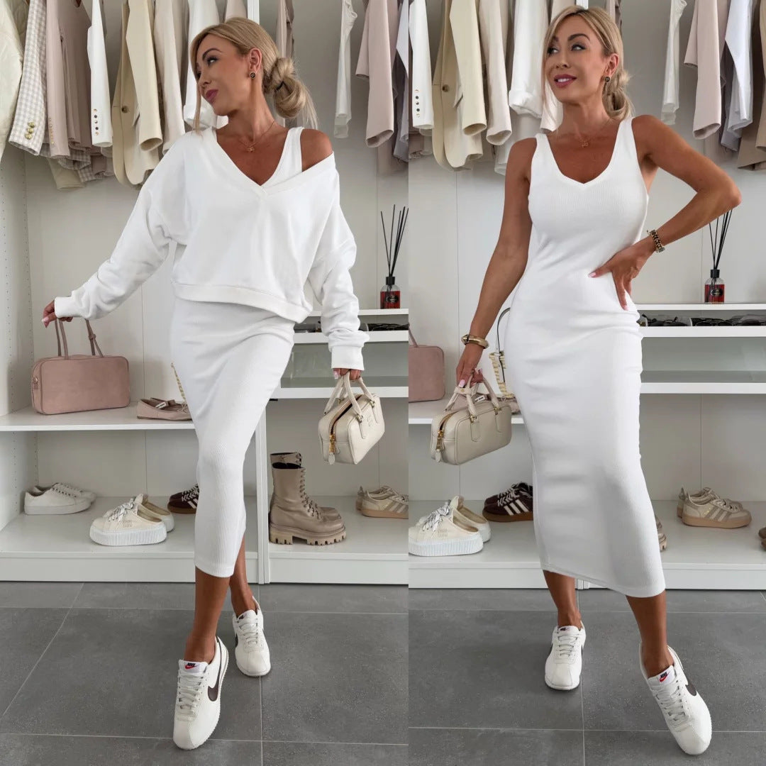 Damen nan zweiteiliges Midirock-Set mit off-shoulder Oversize-Sweatshirt und figurbetontem Bleistiftrock Echo Archiv