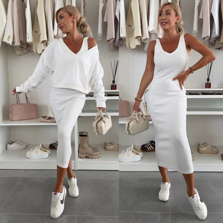 Damen nan zweiteiliges Midirock-Set mit off-shoulder Oversize-Sweatshirt und figurbetontem Bleistiftrock Echo Archiv
