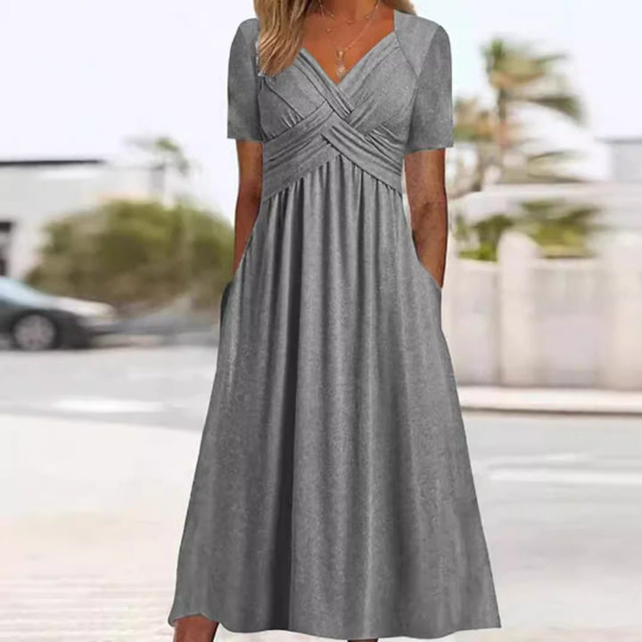 Damen nan fließendes Maxikleid mit gekreuzter Passe V-Ausschnitt Kurzarm und Eingrifftaschen Echo Archiv