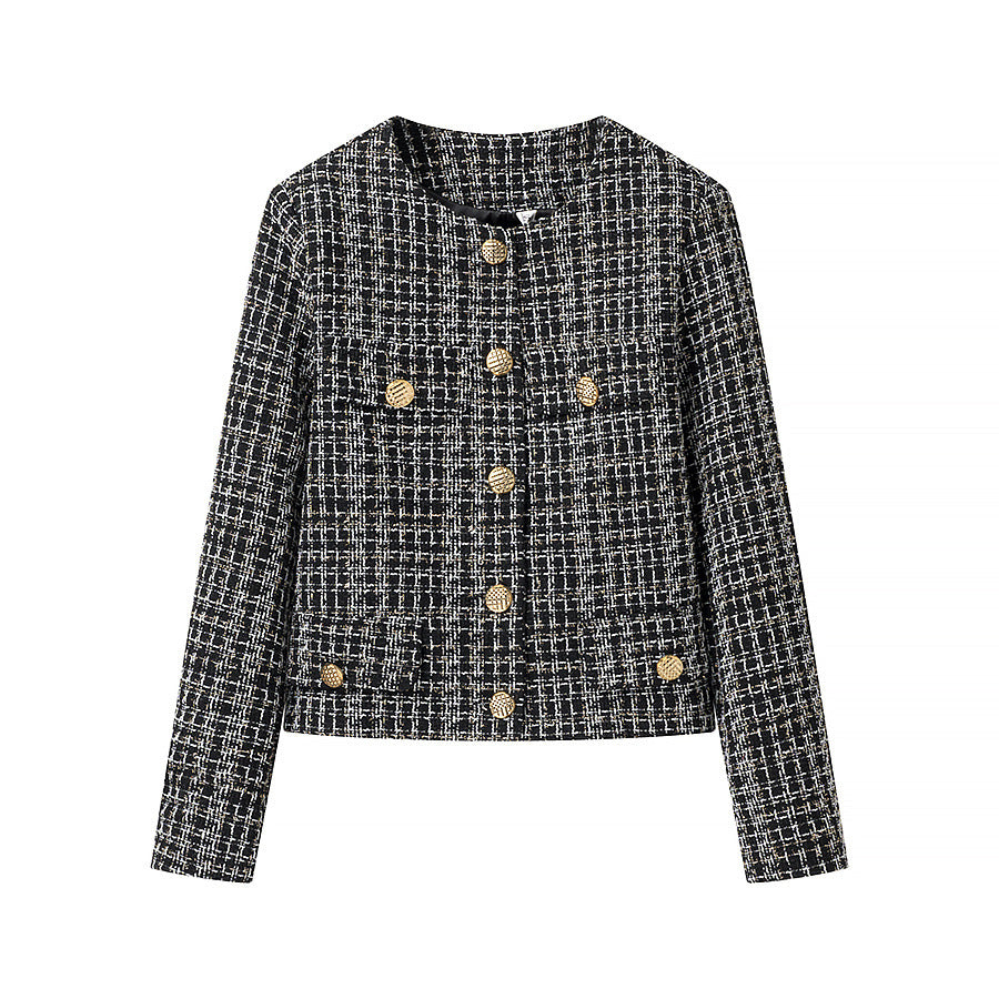 Damen kurze Bouclé‑Tweedjacke mit Rundhalsausschnitt dekorativen Goldknöpfen und aufgesetzten Taschen – Célinea