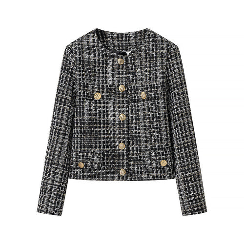 Damen kurze Bouclé‑Tweedjacke mit Rundhalsausschnitt dekorativen Goldknöpfen und aufgesetzten Taschen – Célinea