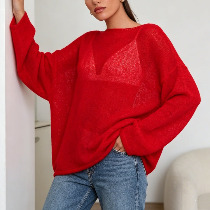 Damen luftiger Oversize-Feinstrickpullover mit weitem Arm und Rundhalsausschnitt – Mavelle