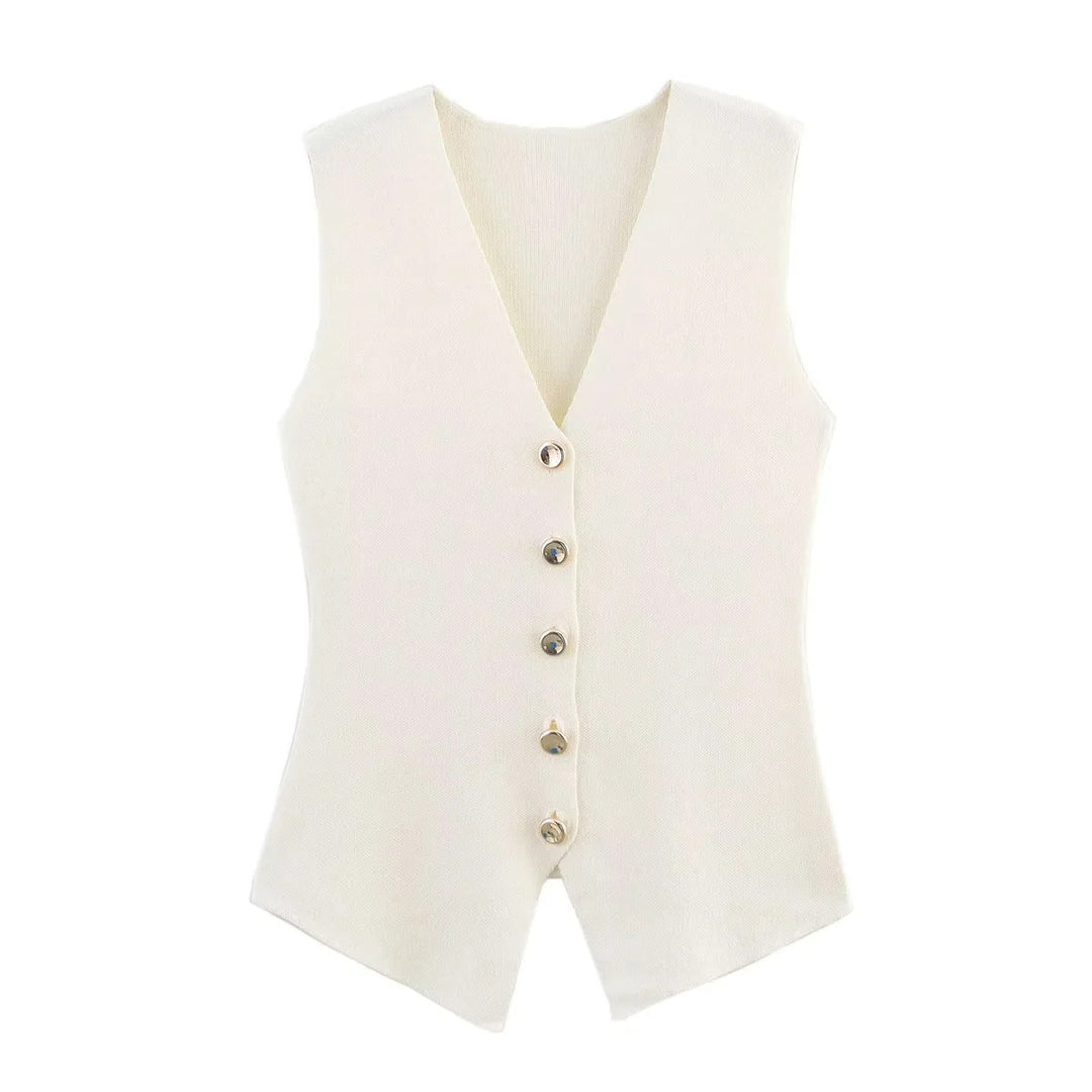 Damen taillierte Strickweste mit tiefem V-Ausschnitt und Zierknopfleiste – Veloura