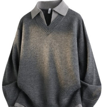 Unisex Lässiger Strukturstrick-Pullover mit offenem Polokragen und tiefem V-Ausschnitt Echoarchiv