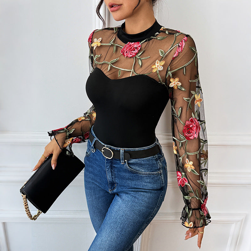 Damen Transparenter Mesh-Body mit floraler Stickerei, Herz-Bustier-Einsatz und Stehkragen – Bodéline