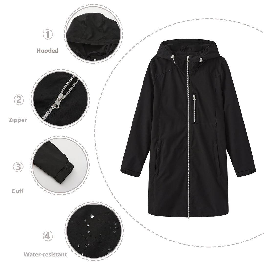 Damen nan lange schlanke Funktionsregenjacke mit durchgehendem Reißverschluss Brustreißverschlusstasche und Klettmanschetten Echo Archiv