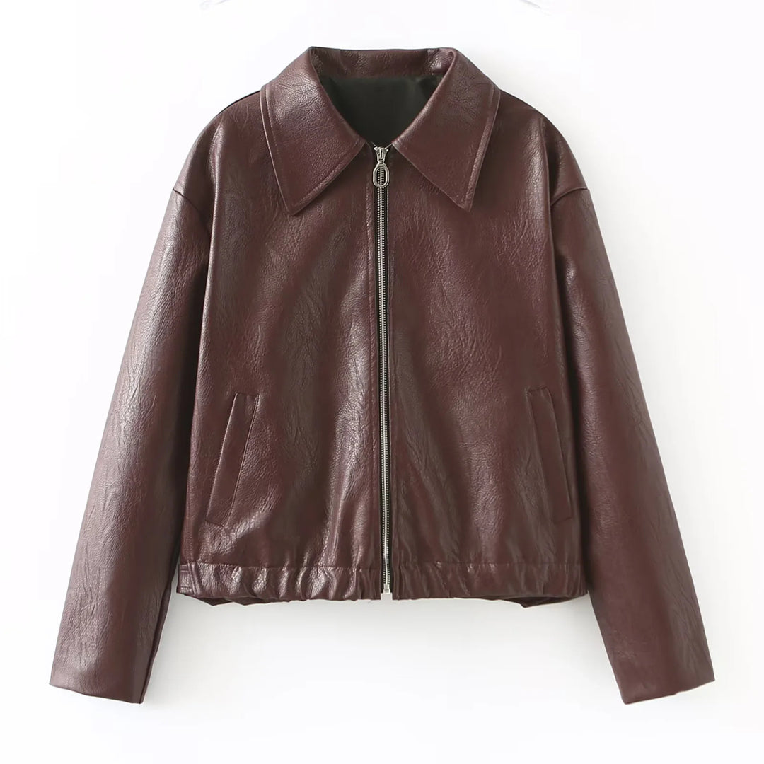 Damen nan kastig geschnittene Kunstlederjacke mit durchgehendem Reißverschluss und elastischem Saum Echo Archiv