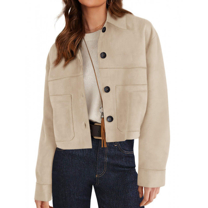 Damen kurze Wildleder-Optik Jacke mit aufgesetzten Taschen und Hemdkragen Echo Archiv