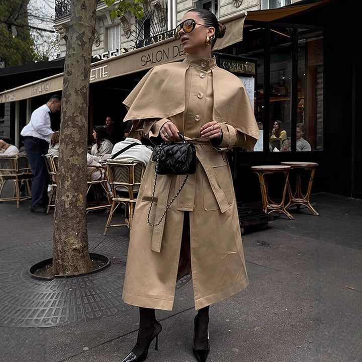 Damen Langer Trenchcoat mit Capelet, Taillengürtel und Sturmkragen Echoarchiv