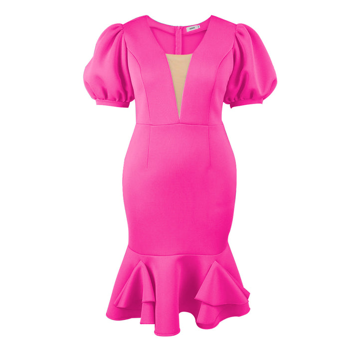 Damen figurbetontes Kleid mit voluminösen Puffärmeln und elegantem Rüschenabschluss Echo Archiv