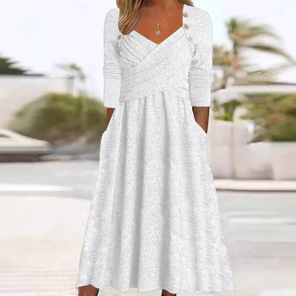 Damen nan legeres Strick-Maxikleid mit Wickeloberteil V-Ausschnitt Eingrifftaschen und Zierknopfleiste Echo Archiv