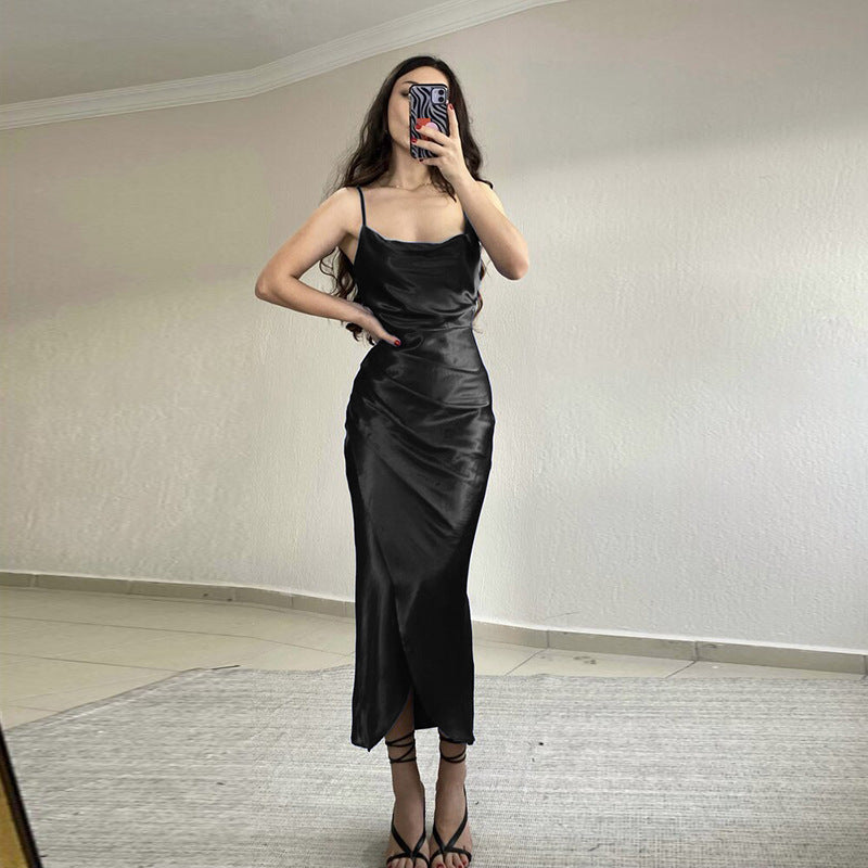 Damen elegantes, figurbetontes Satin-Midikleid mit asymmetrischem Ausschnitt und Schlitz Echo Archiv