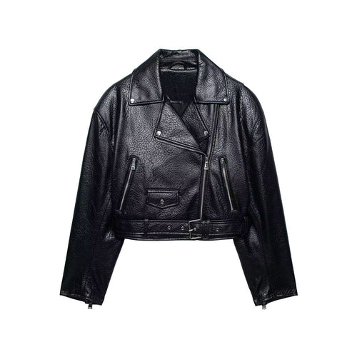 Damen Kurz geschnittene Bikerjacke in Lederoptik mit Taillengürtel Echo Archiv
